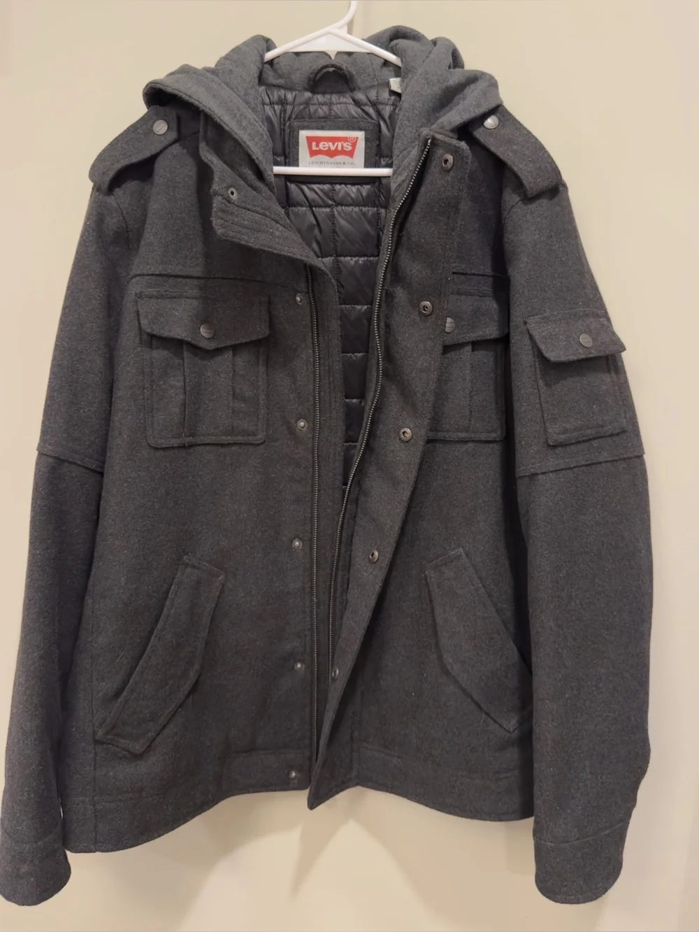 Levi’s Mens Wool Blend Quilted Lined Hooded Military Field Jacket Charcoal Large